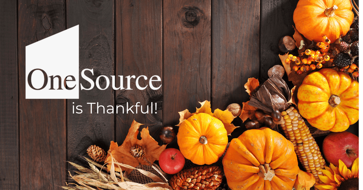 OneSource logo with the words "is thankful" beneath it set over a fall themed background.